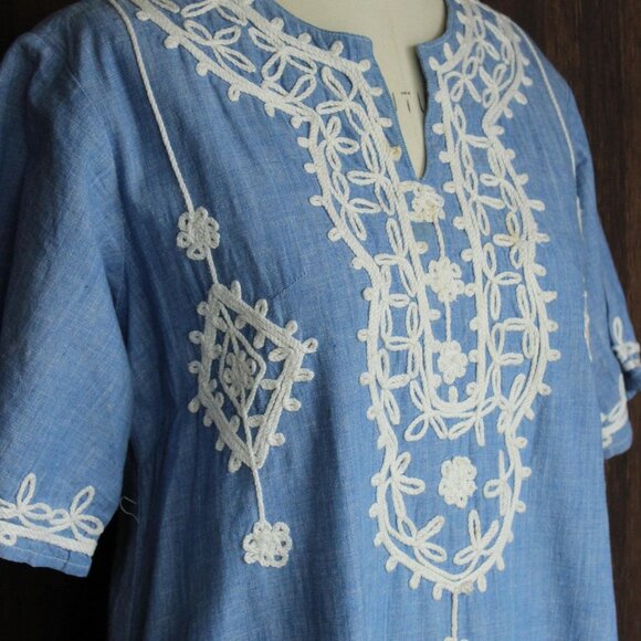 Vintage 1970s Caftan Dress, Blue Maxi Dress with White Embroidery, Traditional - Picture 5 of 10